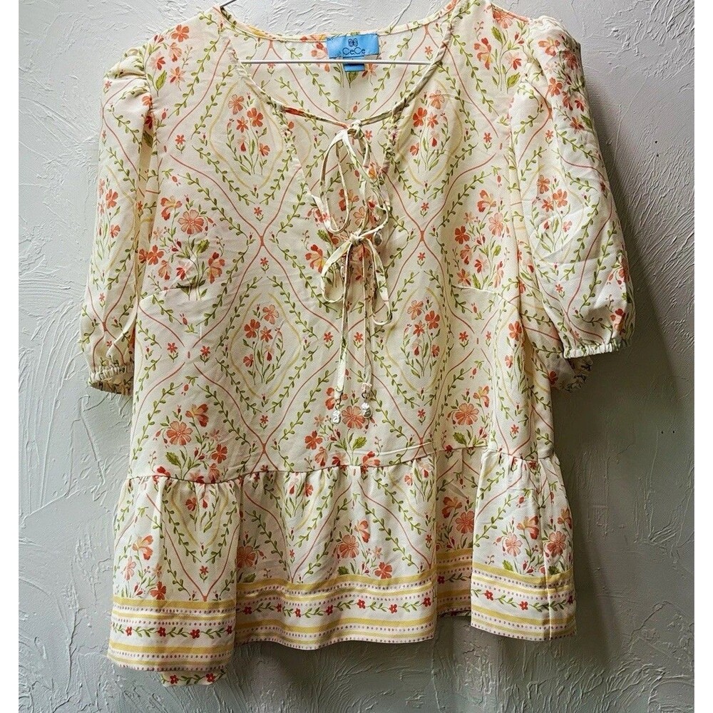 CeCe Women’s Blouse L Ivory/Multicolor Floral Round Neck Puff Slv Peplum Tie